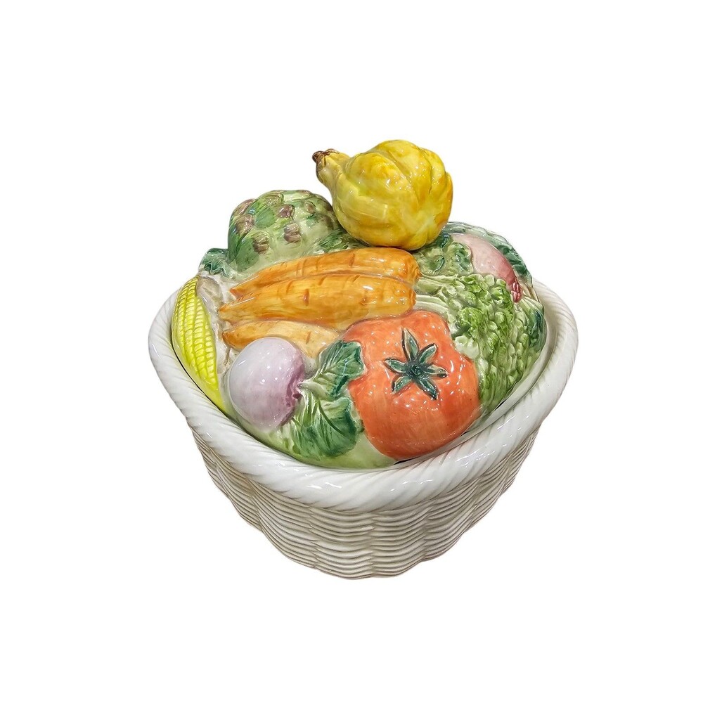 VTG 1989 Fitz & Floyd Majolica Garden Basket Lidded Vegetable Dish Tureen 2.5 QT
